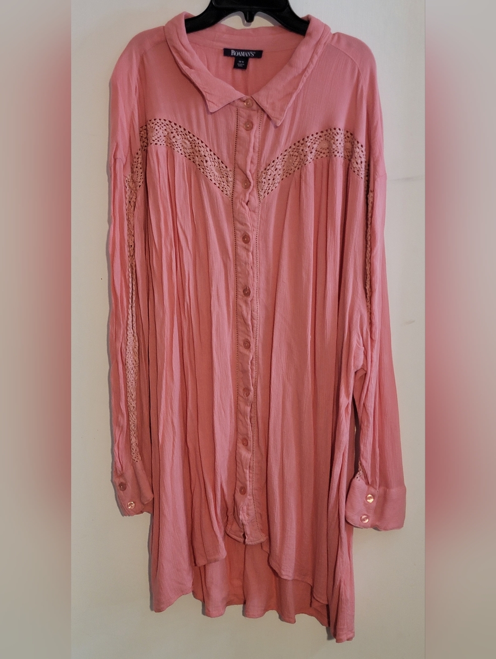 Roaman's Blush Pink Button-Up Tunic with Lace Insets